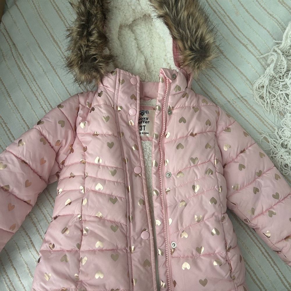 Kenzo Pink Heart Puffer Jacket with Faux Fur Hood